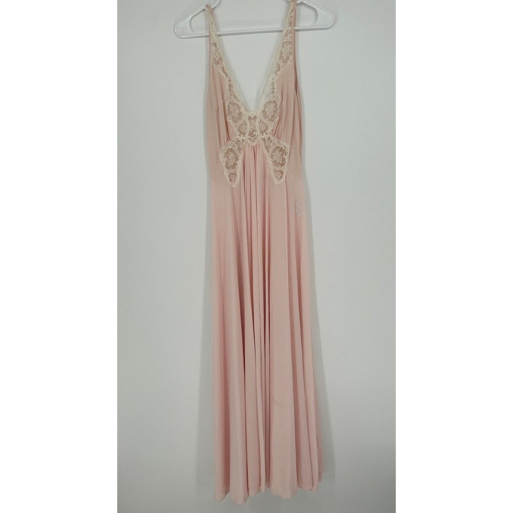 Vintage Olga 9297 Bodysilk Pink Lace Full Sweep Maxi Nightgown Slip Dress L 70s